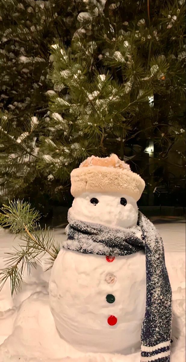 a snowman wearing a hat and scarf in the snow next to a pine tree