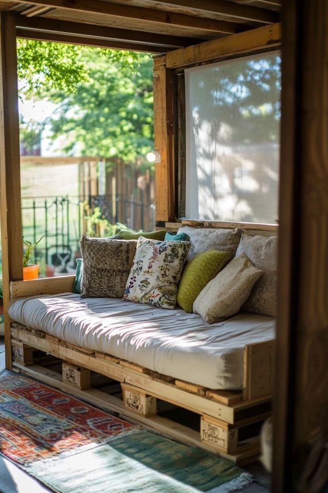 a couch made out of wooden pallets sitting on top of a patio