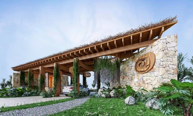 an outdoor covered area with stone and wood structure, surrounded by greenery on both sides