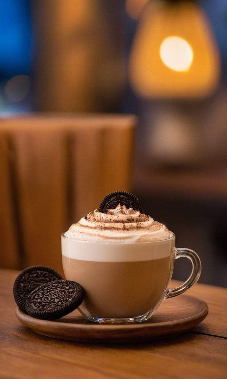 an oreo cookie on top of a cappuccino