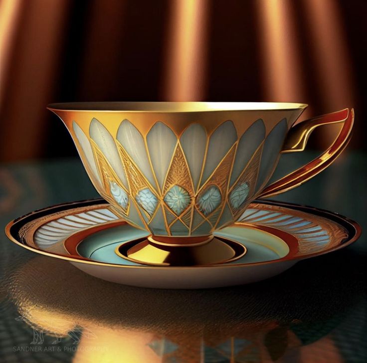 a cup and saucer sitting on top of a table next to a light beam