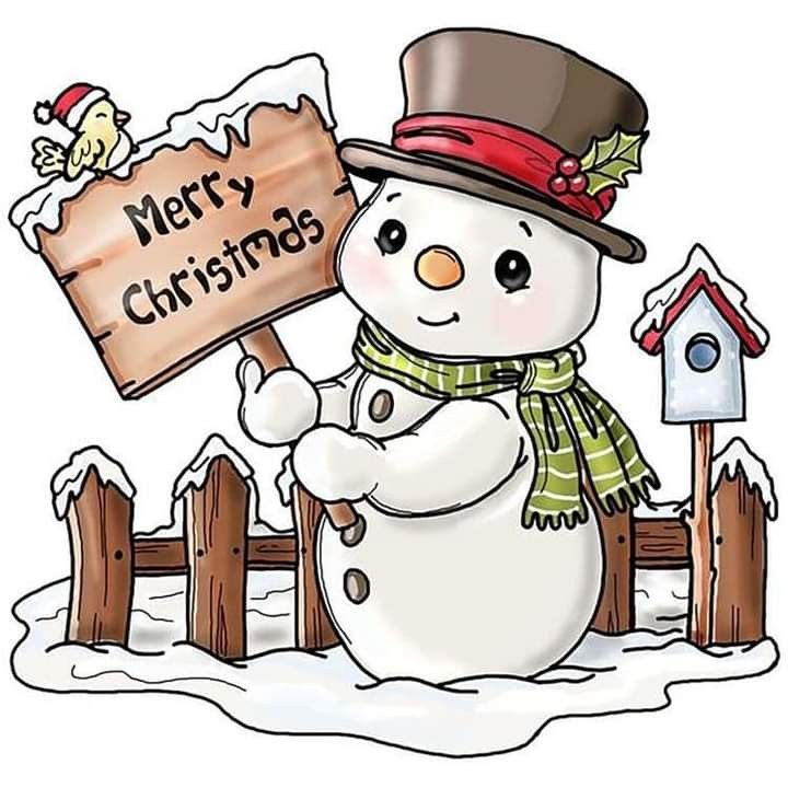 a snowman holding a merry christmas sign in front of a fence and birdhouse