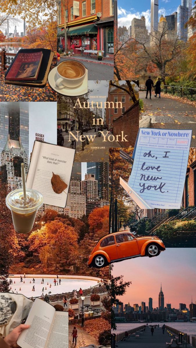 the collage has many different pictures and words on it, including an orange car