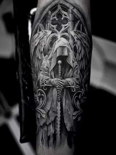 Guardian Angel Tattoo Dark Tattoos For Men, Dark Angel Tattoo, Angel Warrior Tattoo, Angel Sleeve Tattoo, Angel Back Tattoo, Guardian Angel Tattoo Designs, Angle Tattoo, Forearm Tattoo Ideas, Guardian Angel Tattoo