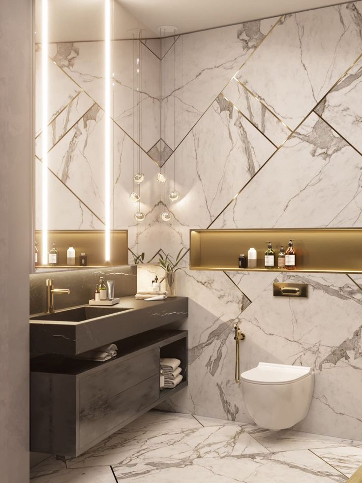 a modern bathroom with marble walls and flooring