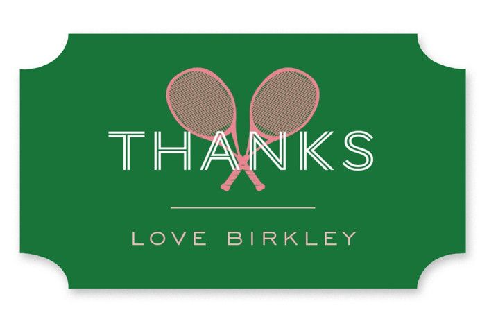 two tennis racquets on a green thank card with the words, thanks love birkley