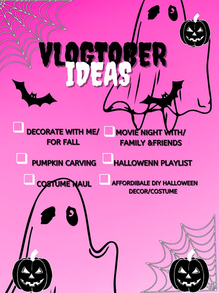 a pink halloween flyer with black and white pumpkins, bats and spider web on it