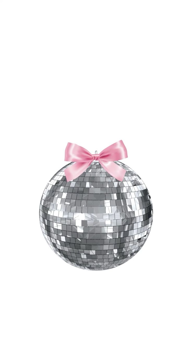 a silver disco ball with a pink bow on it