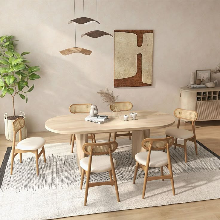 a dining room table with four chairs and a potted plant