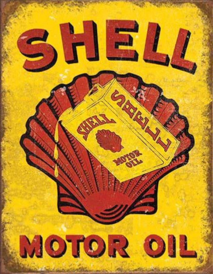 an old shell oil sign is shown in red and yellow