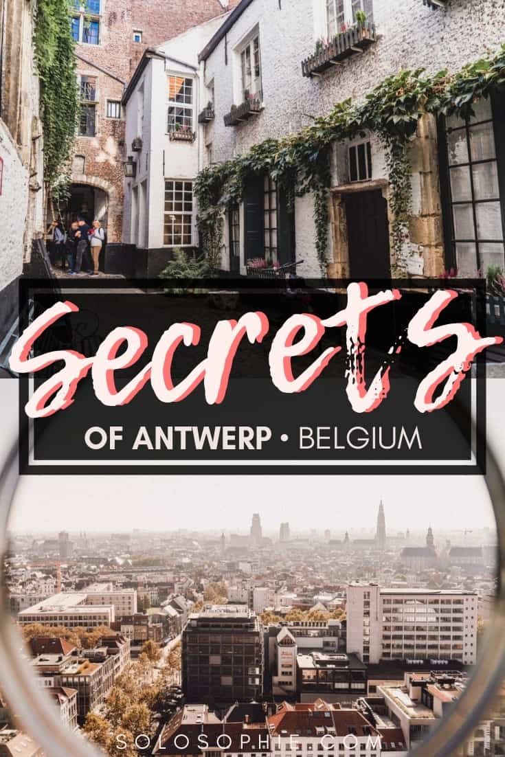 the words secrets of antwep belgium through a magnifying glass over a cityscape