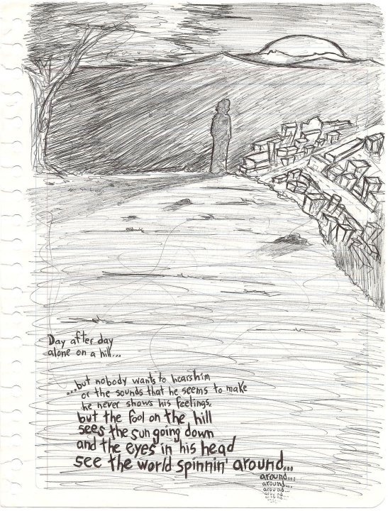 a drawing of a person standing in the rain with a poem written on it,