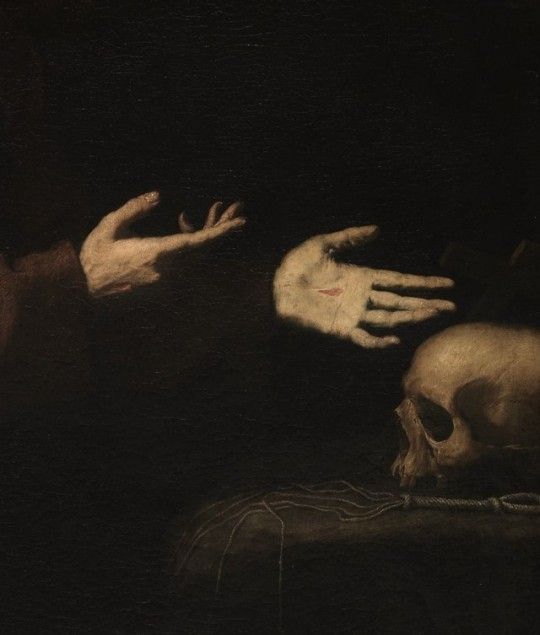 a painting with two hands reaching out to another person's head in the dark