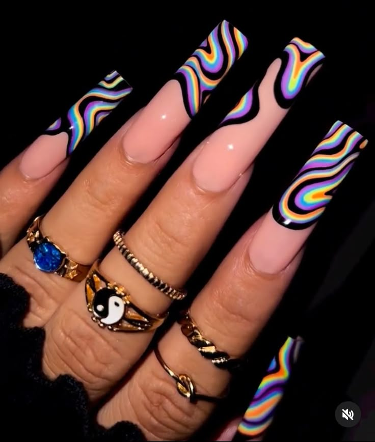 Acrylic Nail Designs Trippy, Hood Nails Designs, Short 90s Nails Acrylic, Cute Colorful Acrylic Nails, Nail Ideas Abstract, Neon Rave Nails, Storm Nails Design, Cosmo Wanda Nails, Spongebob Christmas Nails