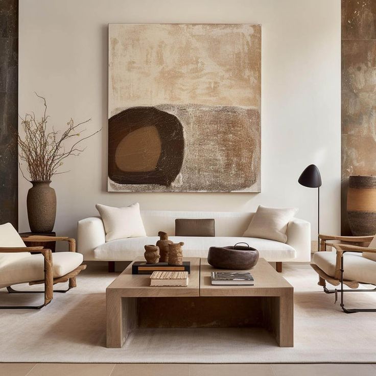 a living room filled with furniture and a large painting on the wall above it's coffee table