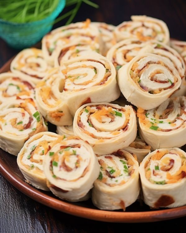 a plate filled with rolls on top of a wooden table next to a green plant