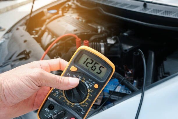 a man is checking his car's engine with an electronic multimeter in front of him