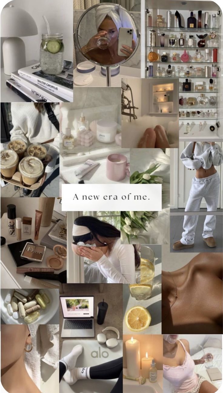 a collage of photos with the words a new era of me written in white