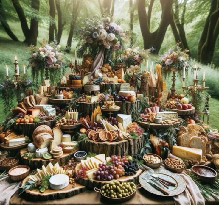 a table filled with lots of food in the middle of a forest covered in trees