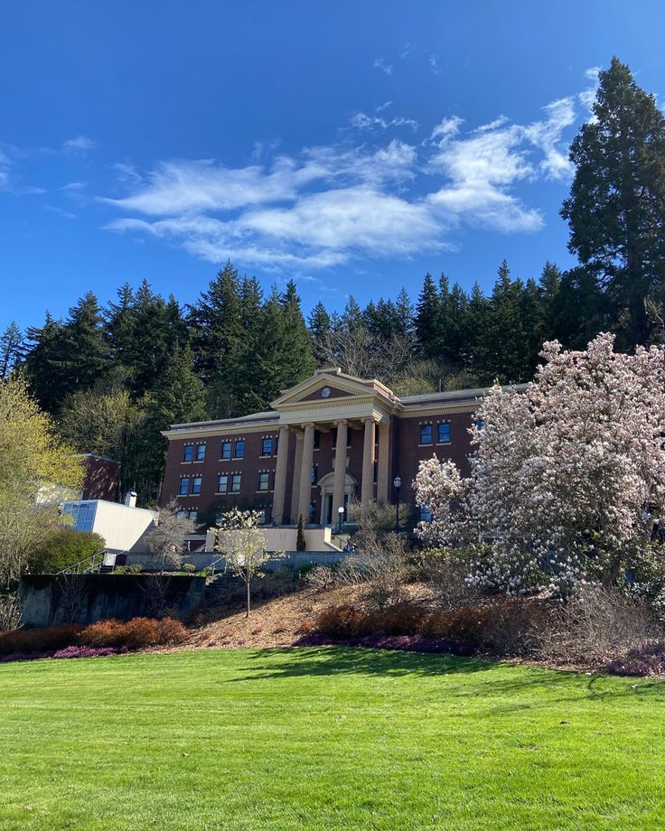 a large building sitting on the side of a lush green hillside next to a forest