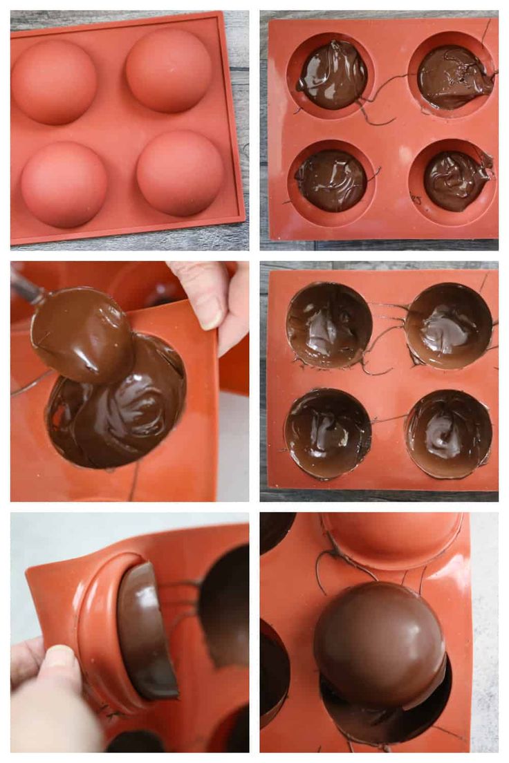 the process of making chocolate eggs in an orange container with melted chocolate inside and then being dipped