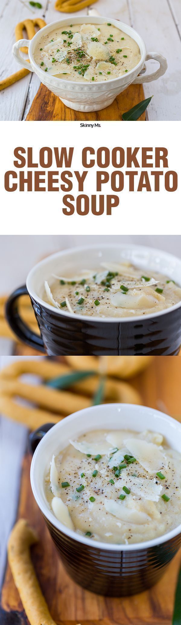 two bowls of slow cooker cheesy potato soup