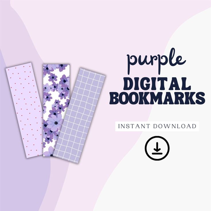 the purple digital bookmarks are shown in three different colors and patterns, with text that reads