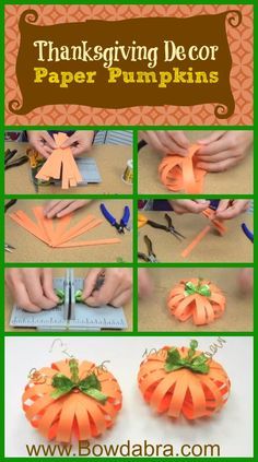 some paper pumpkins are being made with scissors