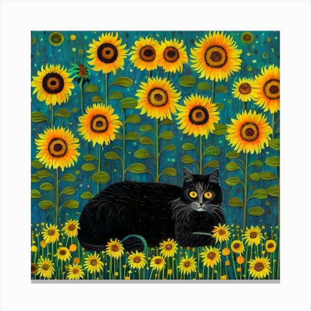 a painting of a black cat in a field of sunflowers