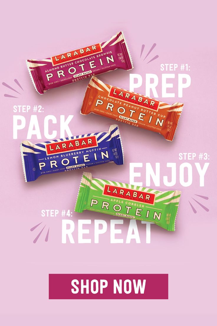 four bars of protein bar on pink background with the words, grab and eat now