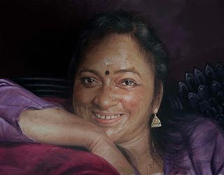 a painting of a woman smiling and sitting on a couch