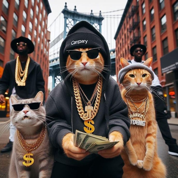 three cats wearing hoodies and sunglasses are standing in the middle of a city street