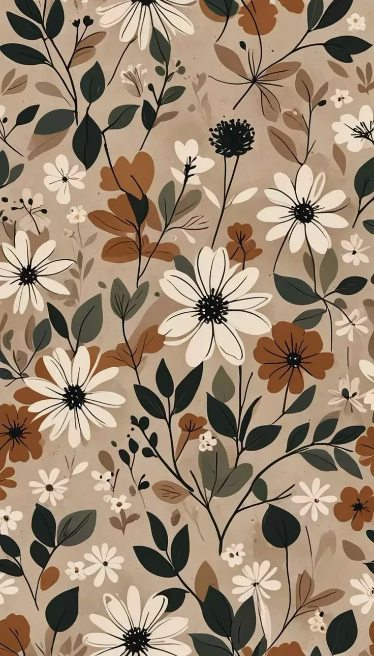 an abstract floral pattern with brown, white and green flowers on a beige background is featured in this image