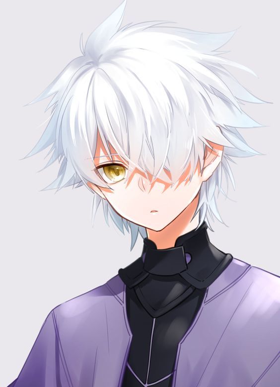 an anime character with white hair and yellow eyes wearing a purple shirt, black collared shirt