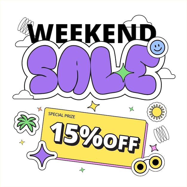 a sale sign with the words weekend sale written in purple and green on it, surrounded by other items