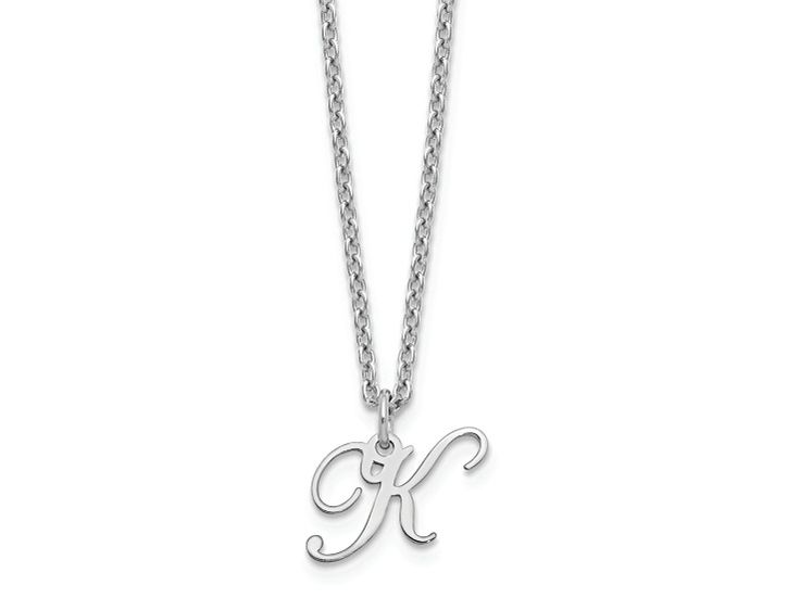 Rhodium over sterling silver polished finish letter "K" initial necklace with 18-inch long cable chain and lobster claw clasp. Pendant measures approximately 7/16"L x 3/8"W. K Initial Necklace, Dainty Jewelry Silver, Convention Outfits, K Initial, K Necklace, Letter K, Letter Necklace, Dainty Jewelry, Initial Necklace