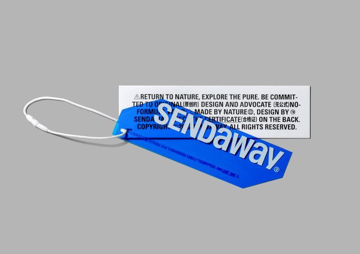 a blue tag with the words sendaway printed on it