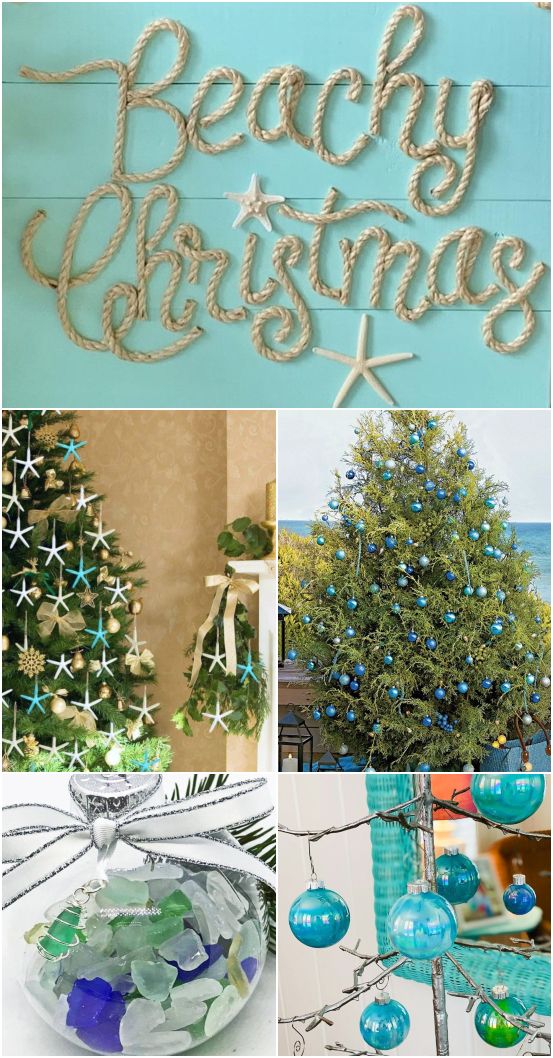 Beachy Coastal Christmas Celebrations with Tree & Ornament Ideas Seashore Christmas Decorations, Ocean Themed Christmas Tree Ideas, Boho Beach Christmas, Christmas Beach Party Ideas, Beach Theme Ornaments Diy, Winter Coastal Decor, Coastal Holiday Decor Christmas Ideas, Beach Christmas Wreath Diy, Christmas At The Beach Decorations