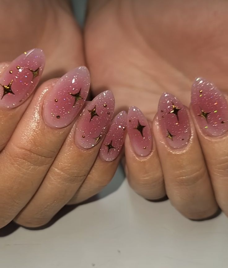 Builder Gel Nails Design Pink, Love Witch Nails, Jelly Pink Nails Design, Blush Nails With Stars, Gel Manicure Inspo Short, Pink Nails Unique, Era Tour Nail Ideas, Witchy Vibes Nails, Short Decorated Nails