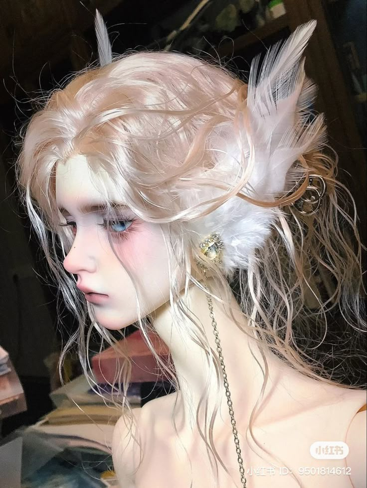 a mannequin with white feathers on it's head and hair in the wind