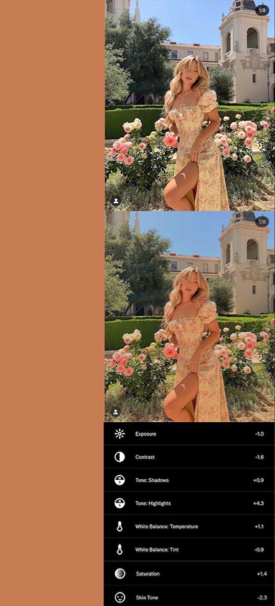 an image of a woman posing in front of a building with flowers on the ground