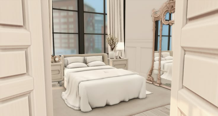 a white bed sitting in a bedroom next to a window