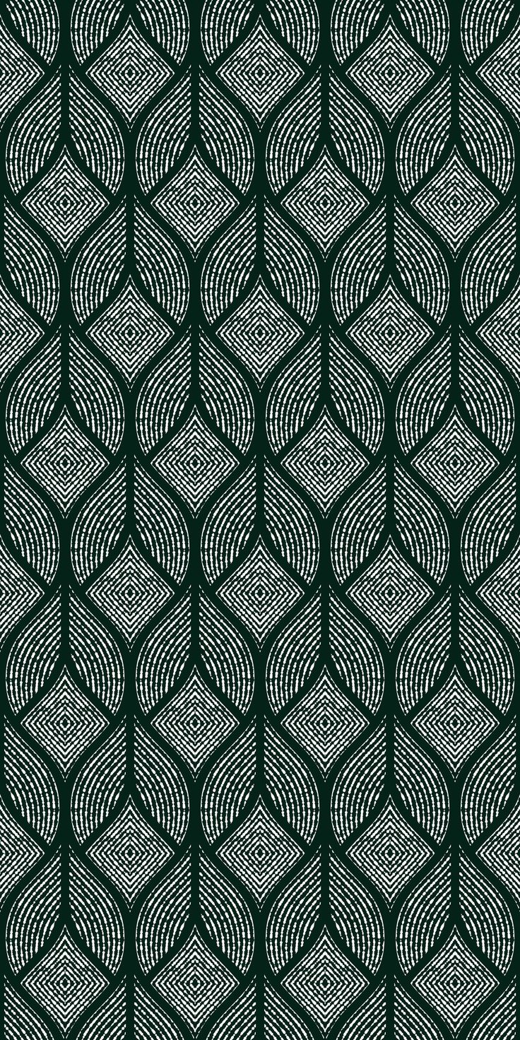 an abstract black and white pattern with wavy lines in the shape of circles on a dark green background