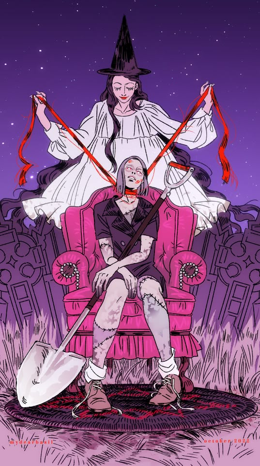 two witches sitting on top of a pink chair in front of a purple night sky