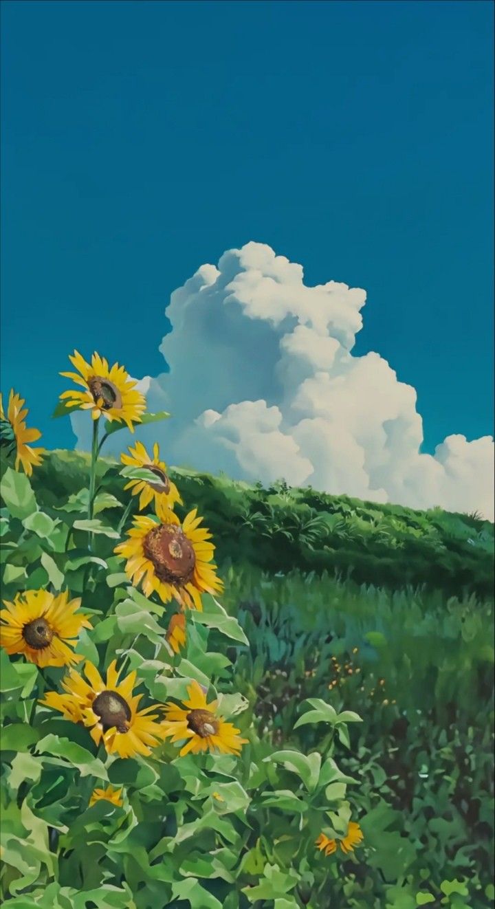 a painting of sunflowers in a field under a blue sky with white clouds