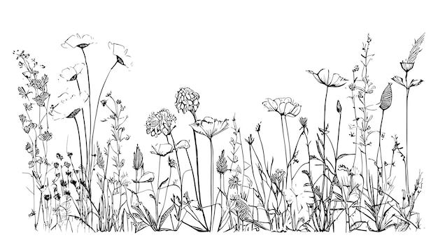 an ink drawing of wildflowers and grasses