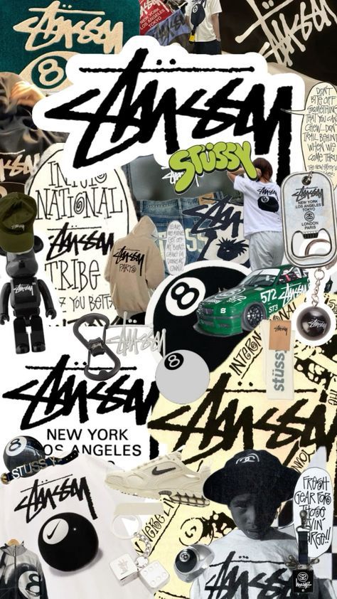 a collage of various skateboards and stickers