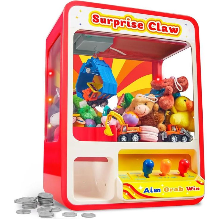 a red and white toy machine with coins in front of it that says surprise claw