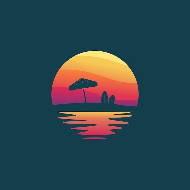 an umbrella and surfboards in the water at sunset