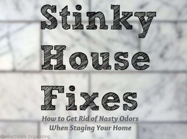 the words stinky house fixes written in black ink on a white brick wall